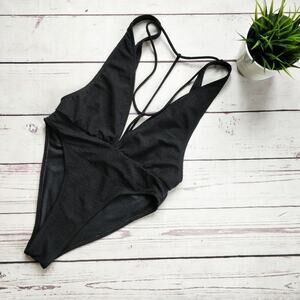 MOTEL ROCKS Asos Plunge Strappy Open Swimsuit Black High Leg Cheeky  S NWOT